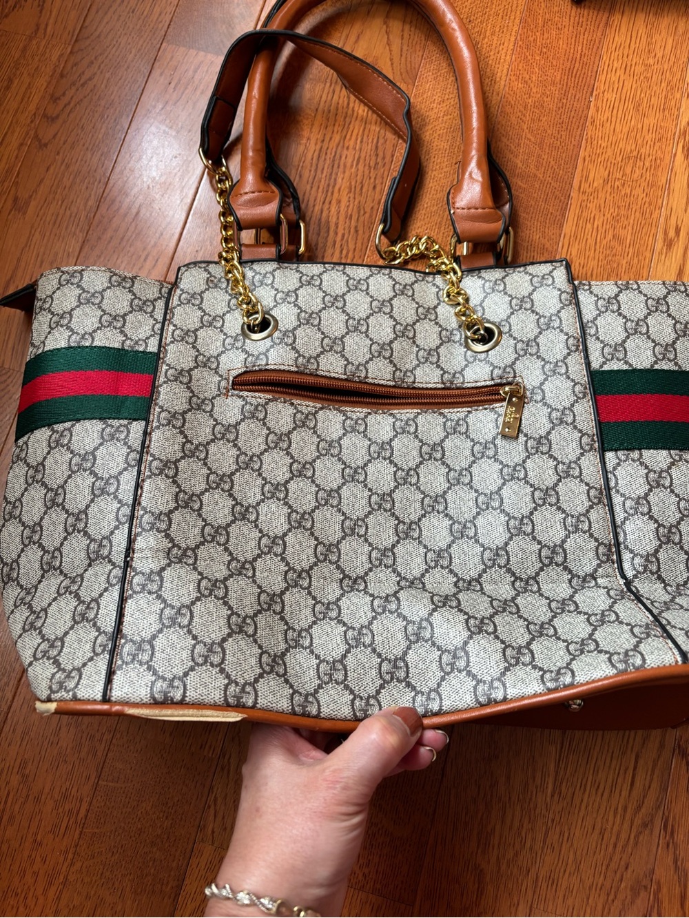 Gucci Brown Monogram Tote with Green & Red Stripe - Picture 12 of 13